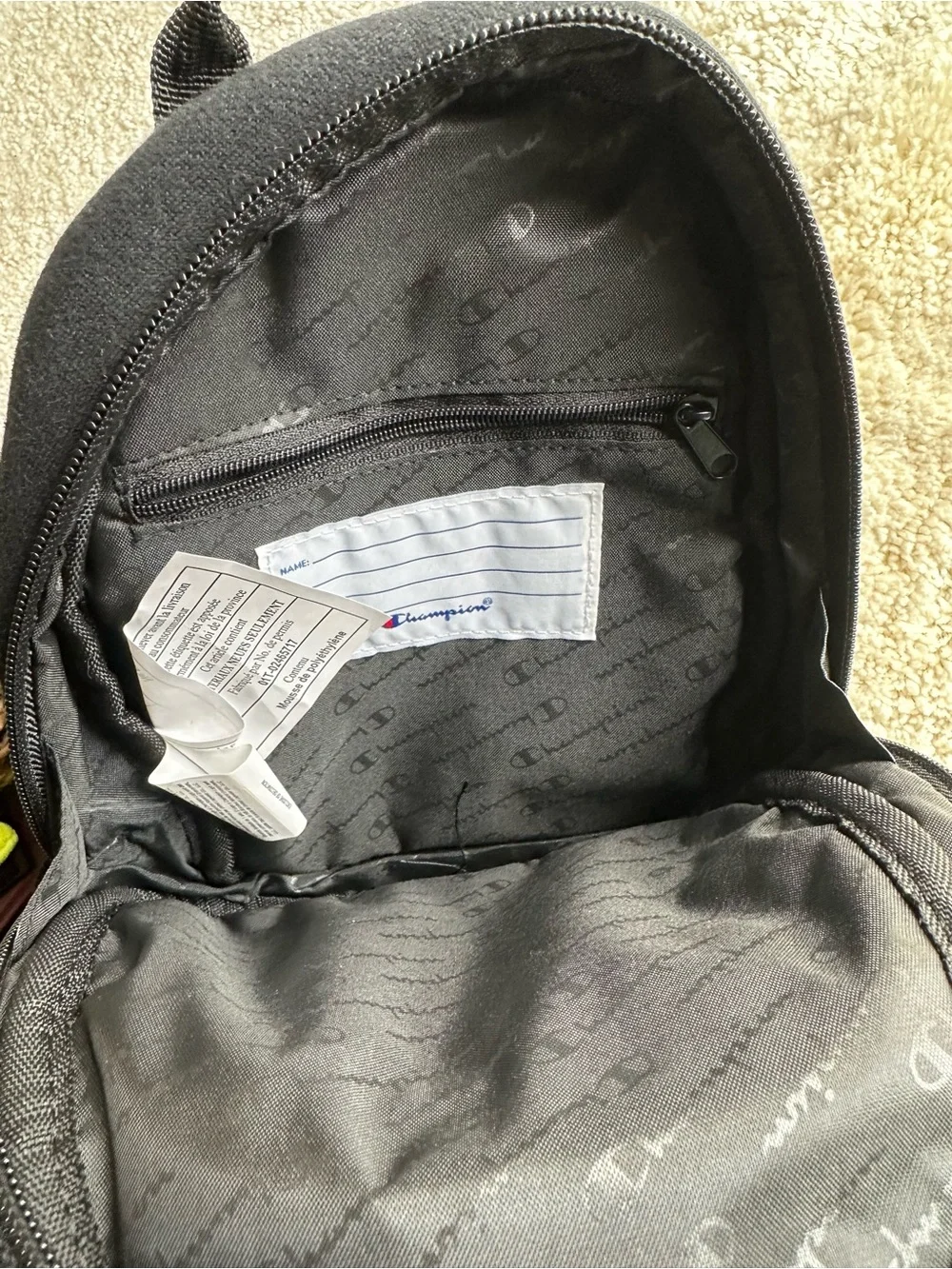 Champion Black Mini Backpack, Zip Closure, Adjustable Strap, Solid Casual